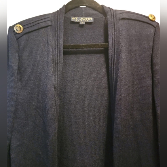 St. John Basics Cardigan Sweater Jacket Santana Knit Navy Blue Gold Accents Med - Picture 5 of 14